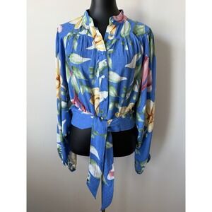 Rachel Roy Women's L Blue Tie Front Floral Long Bishop Sleeve Blouse NWOT